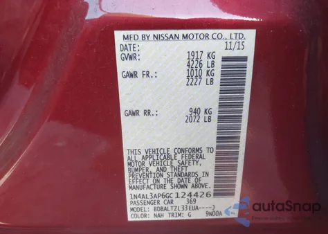 2016 Nissan Altima 2.5 Sl from USA, damaged, VIN 1N4AL3AP6GC124426